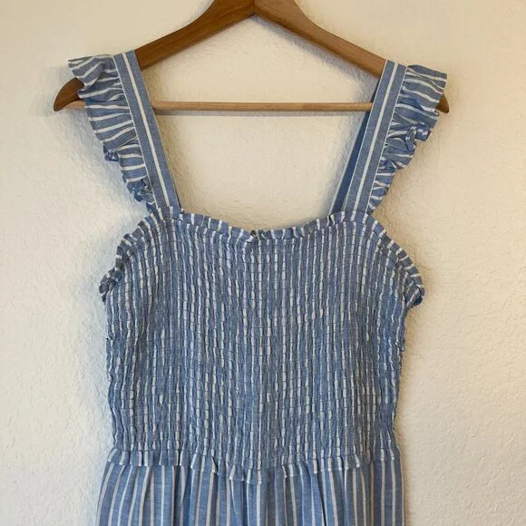 H&M Blue Striped Linen Blend Smocked Jumpsuit Small Beachy Coastal Nautical - Picture 3 of 13